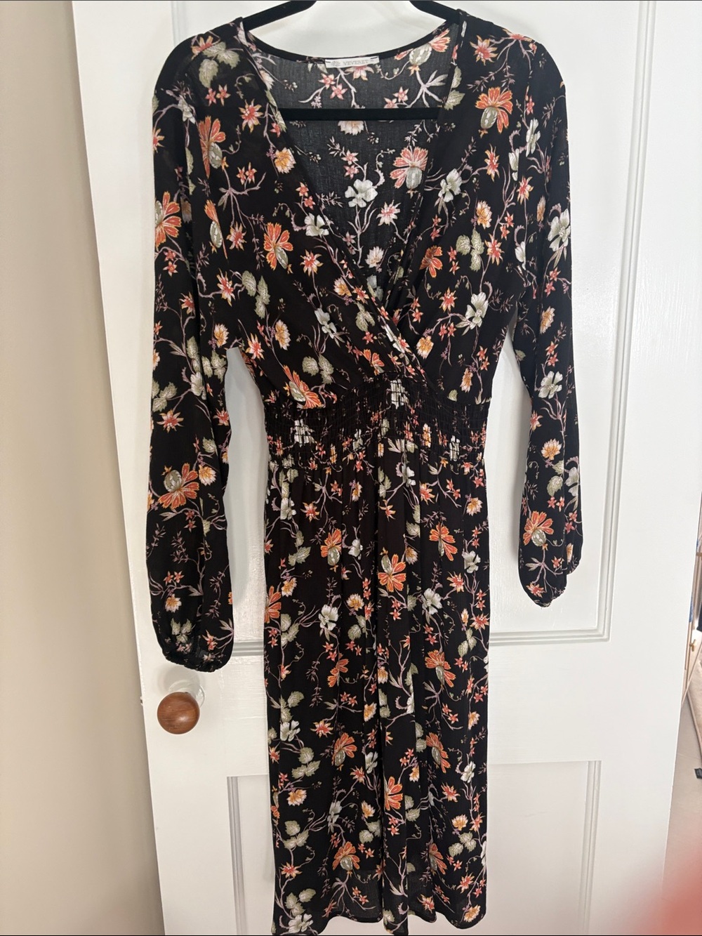 Black Floral Long-Sleeve Midi Dress with Smocked Waist and V-Neck